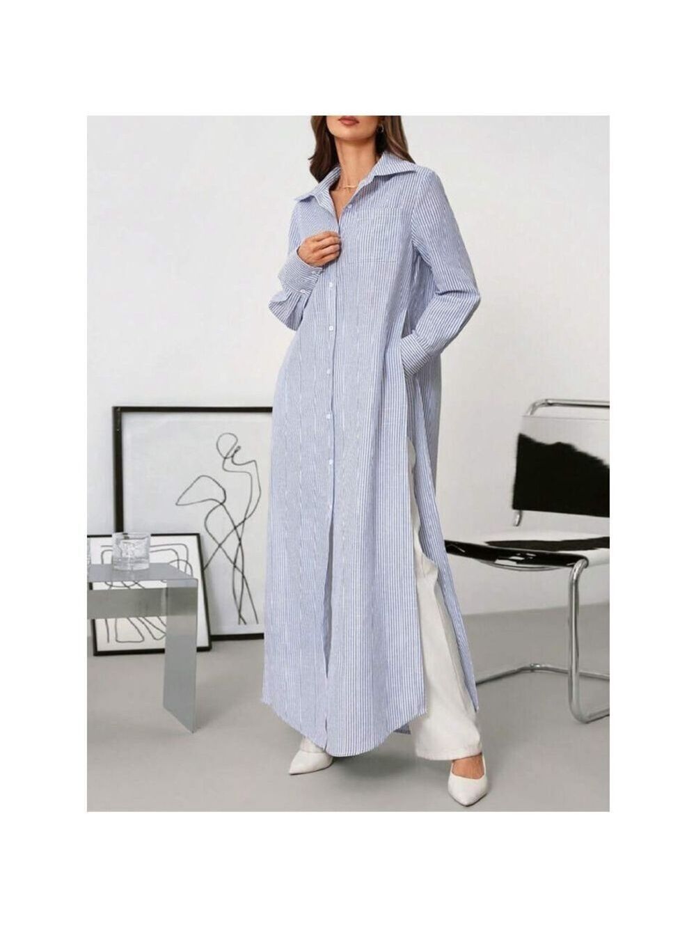 Striped Long Shirt Dress Blue/White Size L - Picture 4 of 8